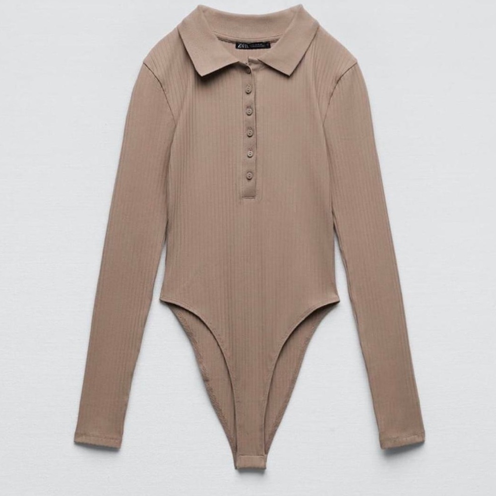 Zara Ribbed Taupe/ Brown Collared Long Sleeve Bodysuit Size Large
